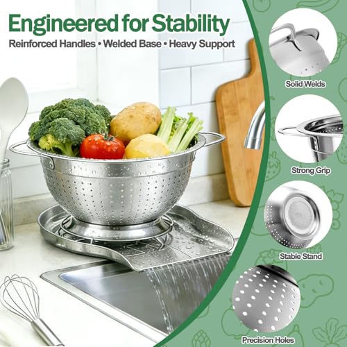 Strainers and Colanders for Kitchen, 3-Piece Stainless Steel Set Pasta and Rice Strainer with Handles, Raised Draining Base for Easy Counter Use (7”, 9”, 11”)