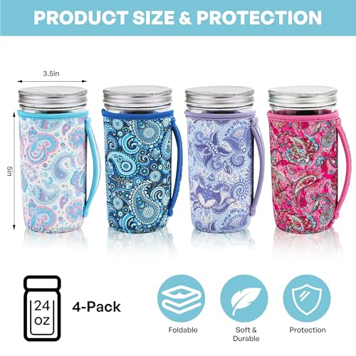 KJQJLY 4 Pcs Mason Jars Sleeves Neoprene 24oz Regular and Wide Mouth Mason Jar Sleeves Holder with Handle (Paisley, 24 OZ) - color: Paisley, size: 24 OZ