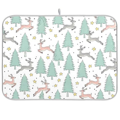 Winter Deer Tree Stars Dish Drying Mat for Kitchen Counter Super Absorbent Draining Mat with Non-slip Backed Coffee Mat for Dish Bottles Cups Bowl Sinks Countertops Draining Racks