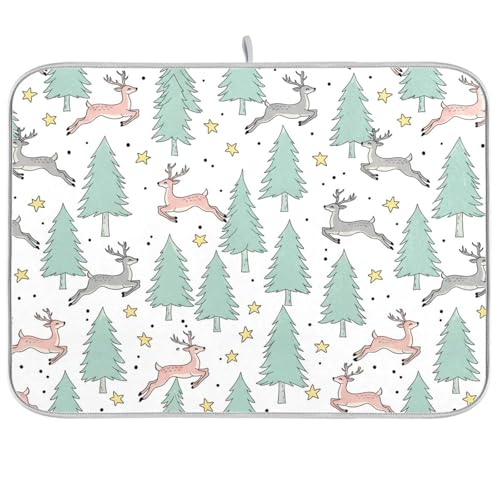 Winter Deer Tree Stars Dish Drying Mat for Kitchen Counter Super Absorbent Draining Mat with Non-slip Backed Coffee Mat for Dish Bottles Cups Bowl Sinks Countertops Draining Racks