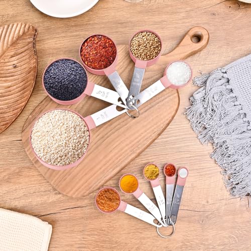 Measuring Cups and Spoons Set, 10 Pieces Nesting Measure Tools, Kitchen Essentials Gadgets with Stainless Steel Handle for Dry & Liquid Ingredient, Pink - color: Pink 10 Pcs
