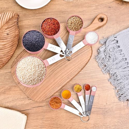 Measuring Cups and Spoons Set, 10 Pieces Nesting Measure Tools, Kitchen Essentials Gadgets with Stainless Steel Handle for Dry & Liquid Ingredient, Pink - color: Pink 10 Pcs