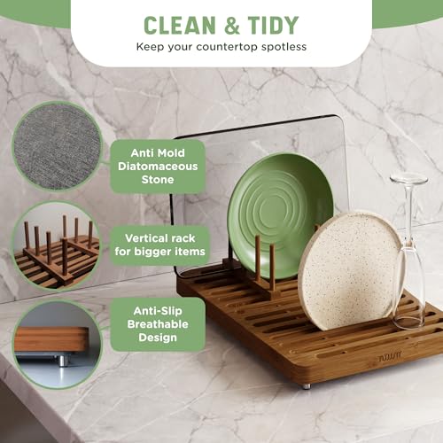 NIUM Stone Drying Mat for Kitchen Counter & Bamboo Rack - 16″x12″ - Diatomaceous Earth Dish drying mat Ultra Absorbent & Fast Drying - EcoFriendly with Non-Slip Pads & Anti-Moisture Design - color: Dark Bamboo