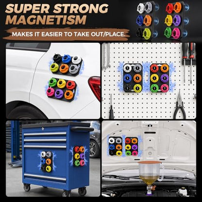 DISEN 17-Piece Engine Oil Funnel Kit, 2.12QT/2L Oil Funnel Set with 12 Adapters, 45° & Straight Elbow, Magnetic Storage Trays for Garage, Compatible with More Car