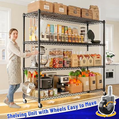 REIBII 2480LBS Capacity Heavy Duty Storage Shelves with Wheels, 1-Inch (25.4mm) Steel Tube, Adjustable Wire Shelving for Garage, Warehouse, Pantry & Commercial Use, 75.6" H x 55.5" W x 24" D - color: Black
