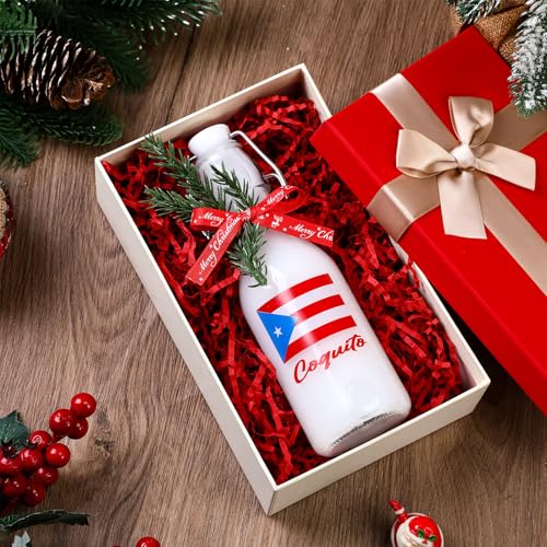 Sieral 12 Pack Christmas Puerto Rico Coquito Swing Top Glass Bottle 8oz Clear Flip Top Beer Brewing Bottles with Ribbon and Artificial Branches for Liquids Wine Christmas Xmas Gifts - style: Puerto Rico