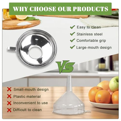 3PCS Stainless Steel Canning Funnel, 5.8in Large Funnel Wide Mouth with 2.2in Spout, Versatile Kitchen Funnels for Filling Bottles, Fits Oil, Jam, Honey & Flour, Canning Accessories