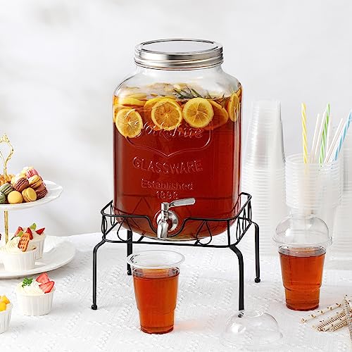 2 Gallon Glass Beverage Dispenser with Stand and Lid, 18/8 Stainless Steel Spigot - Glass Drink Dispensers for Parties - Mason Jar Drink Dispensers with Lids - size: 2 Gallon With Stand