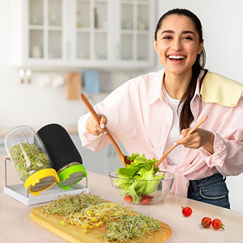 Kitmiido Seed Sprouting Kit, 2 Large Wide Mouth Mason Jars with Sprout Lids, Blackout Sleeves, Drain Tray, Stainless Steel Stand, Sprouts Growing Kit for Bean, Broccoli, Alfalfa (Yellow+Green) - color: Yellow&green