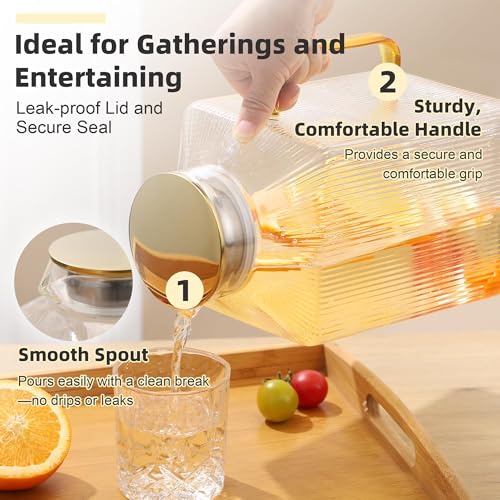 Kochorie 1 Pack 1 Gallon/128 oz Square Glass Pitcher with Lid & Cleaning Brush, Thickened Borosilicate Glass Carafe for Hot/Cold Drink, Extra Large Jug with Handle for Iced Tea, Juice, Lemonade