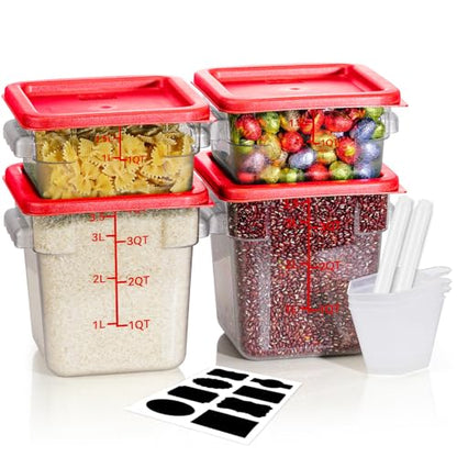 2QT&4QT NSF Food Storage Containers: 8 PCS[Food Grade] [Hot&Cold Resistant] Commercial Clear Square Food Storage Containers with Scales Handles for Home Restaurant Kitchen(BPA FREE) - color: A1-2QT&4QT-RED