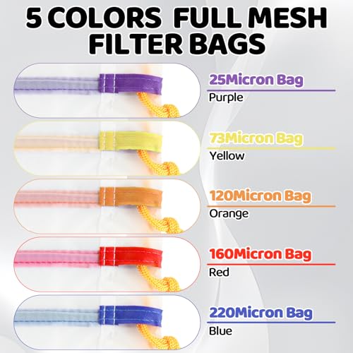 5 Pack 5-Gallon All-Mesh Strainer Bags Set, Reusable Filter Bags for 5 Gallon Bucket, Fine Nylon Mesh Hash Bag for Hydroponics Gardening and Industrial Applications - 25 to 220 Micron