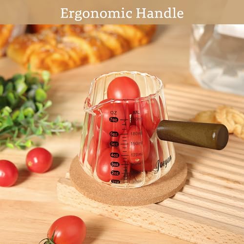 Joeyan 7 oz Espresso Cups, Glass Measuring Cup, Espresso Shot Cup with Spout and Wood Handle, Clear Espresso Shot Glass, Ribbed Milk Frothing Pitcher, Espresso Machine Coffee Bar Accessories - color: Clear ribbed espresso cup