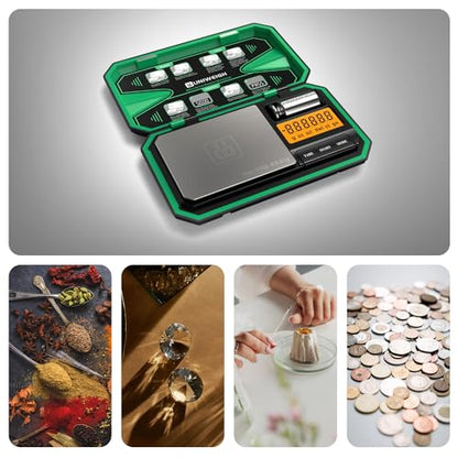 UNIWEIGH Digital Pocket Scale Precision 200g/0.01g Scale Grams Ounces | Mini Jewelry Scale, Coins Scale with 50g Cal Weights for Gold/Silver/Gems/Food,(Battery Included)-Green - color: Green