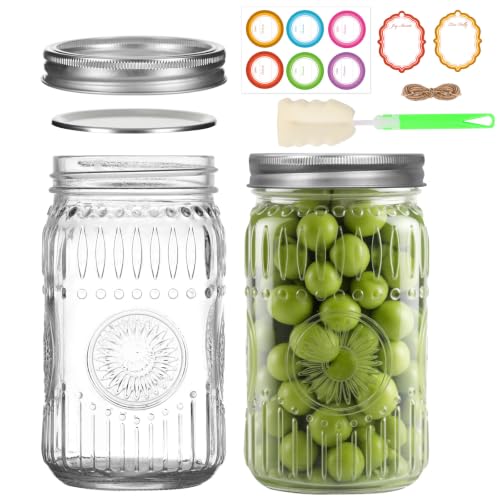 2-Pack 32oz Wide Mouth Mason Jars with Lids, Bands & Sunflower Pattern | Quart Glass Canning Jars for Overnight Oats, Pickling, Food Storage, DIY Crafts, Wedding Favors - color: Clear-32oz 2pcs