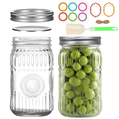 2-Pack 32oz Wide Mouth Mason Jars with Lids, Bands & Sunflower Pattern | Quart Glass Canning Jars for Overnight Oats, Pickling, Food Storage, DIY Crafts, Wedding Favors - color: Clear-32oz 2pcs