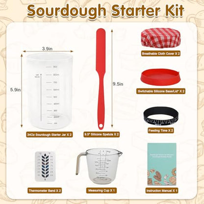 34oz Sourdough Starter Jar Kit,Wide Mouth Sourdough Starter Container with Feeding Tracking Band, Silicone Spatula&Sourdough Starter Kit-Baking Supplies(2 pack). (Red) - color: Red
