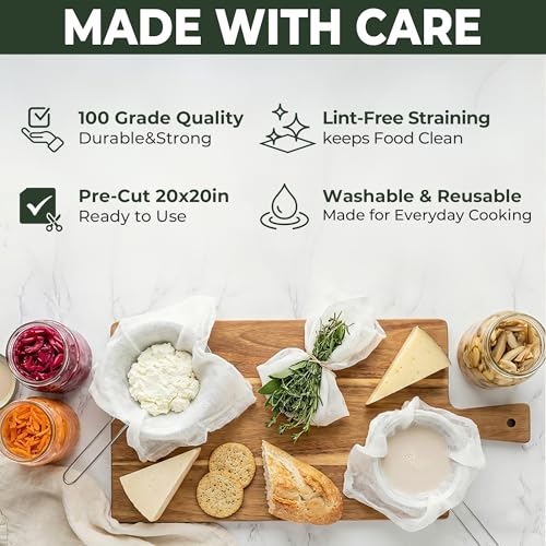 6Pcs Grade100 Cheese Cloths,20x20 Inch,100% Unbleached Cotton,Pre-Cut Reusable Muslin Cheese Cloth for Cooking and Straining, Hemmed Edges