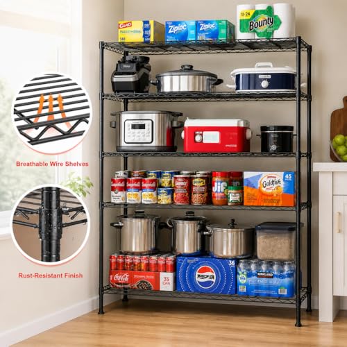 REIBII 45.8" W Storage Shelves, Heavy Duty 5-Tier Wire Shelving, Adjustable Metal Shelf for Pantry Kitchen Commercial, Tool-Free Assembly, 17.2" D x 45.8" W x 71" H, Black - size: 5 Tier, 45.8" W x 71" H x 17.2" D