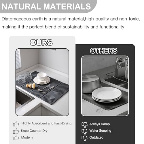 Large Stone Dish Drying Mat for Kitchen Counter,Collapsable Stone Dish Drying Mat with Diatomaceous Earth for Quick Drying-Ultra Absorbent-Eco-Friendly,Foldable -23.6"×15.7" Dark Gray Curved Grooves - color: HXDK-Dark Grey