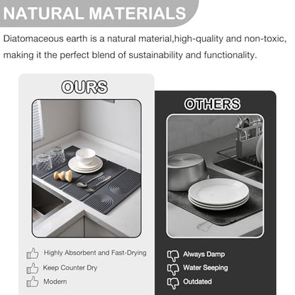 Large Stone Dish Drying Mat for Kitchen Counter,Collapsable Stone Dish Drying Mat with Diatomaceous Earth for Quick Drying-Ultra Absorbent-Eco-Friendly,Foldable -23.6"×15.7" Dark Gray Curved Grooves - color: HXDK-Dark Grey