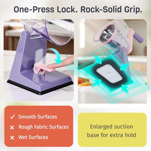 Upgraded Rotary Cheese Grater with 3 Interchangeable Stainless Steel Drums, One-Press Powerful Suction Manual Vegetable Shredder&Slicer for Kitchen, 15pcs Storage Bags Included, Pinkish Purple - color: Pinkish Purple