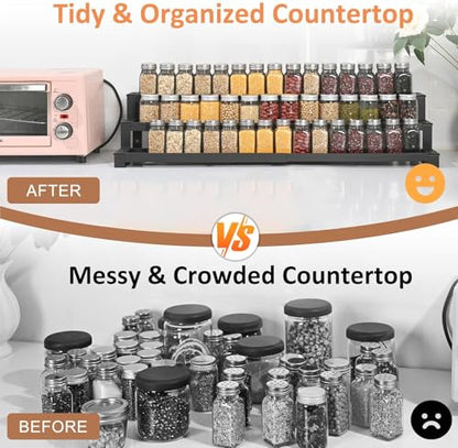 GOENDR Expandable Spice Rack Organizer for Cabinet, 3 Tier Metal Spice Organization,16"-29.5" Wide Adjustable Seasoning Organizer, Display Shelf, Canned Goods Organizer for Pantry Kitchen Countertop - size: Large-Black - Fits 10.9" Deep Cabinet