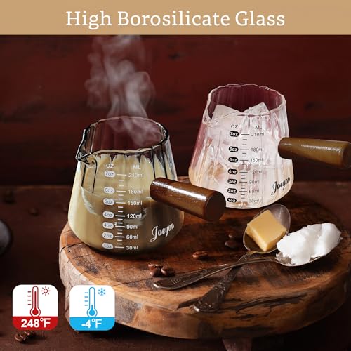 Joeyan 7 oz Espresso Cups, Glass Measuring Cup, Espresso Shot Cup with Spout and Wood Handle, Clear Espresso Shot Glass, Ribbed Milk Frothing Pitcher, Espresso Machine Coffee Bar Accessories - color: Clear ribbed espresso cup