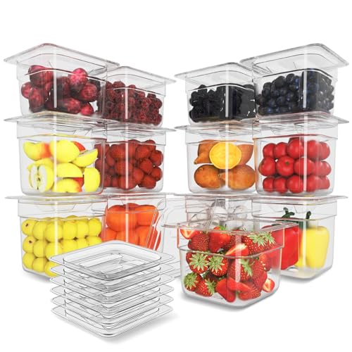 NSF Polycarbonate Food Pans with Lids 12-Pack 1/6 Size 6" Deep Clear Hotel Pans Dishwasher Safe Commercial Food Storage Containers for Prep Tables, Buffet, Salad Bar, Restaurant&Home Kitchen - color: 12 PCS, size: 6'' Deep