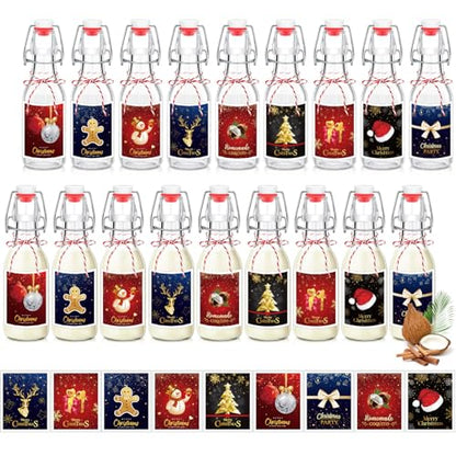 Havawish 16 Pcs Merry Christmas 8 oz Coquito Swing Top Glass Bottles with Airtight Cap Lids Labels Clear Flip Top Bottles with Stoppers for Homemade Christmas Home Brewing Beer Beverages(Warm) - style: Warm