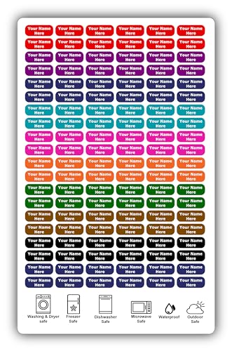 120 Small Personalized Waterproof Name Labels. Press and Stick Multi use Custom Mini Name Labels. Customized 2 Lines of Text and Color. Tiny Name Stickers with Permanent Self Adhesive. - color: 120 Small Labels - Colored Background