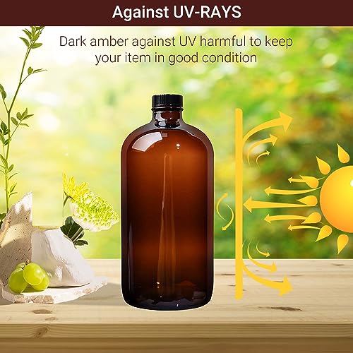 2 Pack 32 oz Amber Glass Boston Bottles,Glass Brewing Bottles for Lab | with Phenolic Poly Cone Caps,Perfect for Fermentation,Storing Kombucha,Brewing and Juicing.