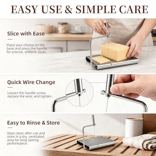 Cheese Slicer with 3 Wires for Block Cheese, Wire Cutter | Adjustable slices, quick-change stainless steel wire for cheddar, mozzarella, Swiss, butter, dishwasher-safe kitchen use