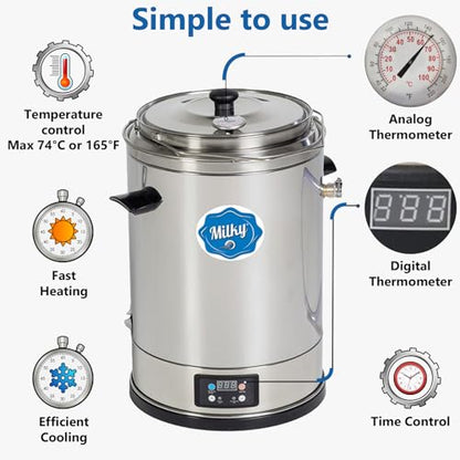 Milk Pasteurizer Milky FJ 15 (115V) | For Milk, Cheese, Yogurt and Juice | 3.7 Gal | Made of Stainless Steel | Removable Container | Time and Temperature Control | Made in the EU | 2-year Warranty