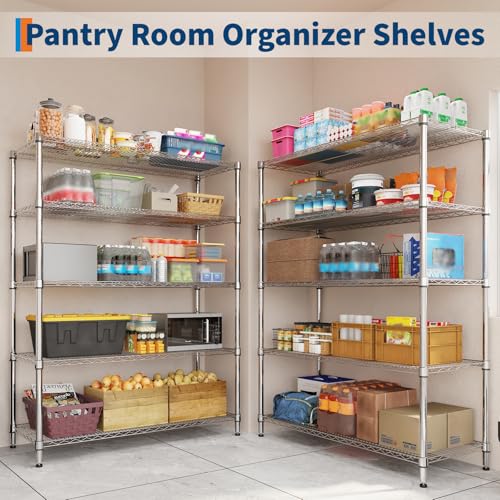 Garvee 5-Tier Metal Shelving with Wheels, Adjustable Storage Shelves Heavy Duty 2000LBS, Chrome Plating Utility Rack NSF Wire Shelving, for Kitchen, Garage, Pantry, Commercial, 47.2" Wx17.7 Dx70.9 H - size: 17.7"Dx 47.2"W x 70.9"H - 5 Tier