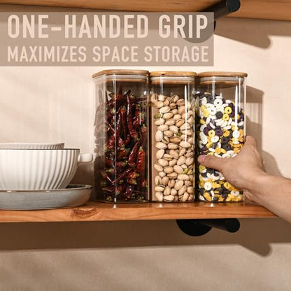 D2scrma 56oz Rectangle Airtight Glass Storage Containers with Bamboo Lids (Set of 3), Square Food Storage Jar, Pantry Organizers for Oats, Cereal, Pasta and Coffee beans (‎with Black Lable)