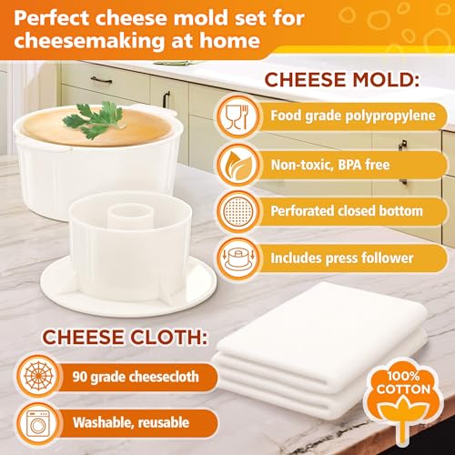 2 PCS Cheese Mold 1,6QT - Follower - Cheesecloth 100% Cotton for Semi-Hard and Hard Cheeses- Homemade Cheese Making Supplies - Molde Para Queso Fresco Casero