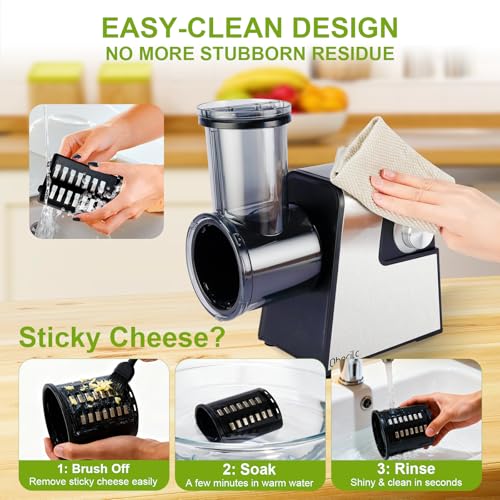 Upgraded 300W Electric Cheese Grater with 7 Stainless Steel Blades, Cheese Shredder Electric for Slicing, Shredding & Grinding Vegetables, Fruits and Nuts,Easy One-Touch Control
