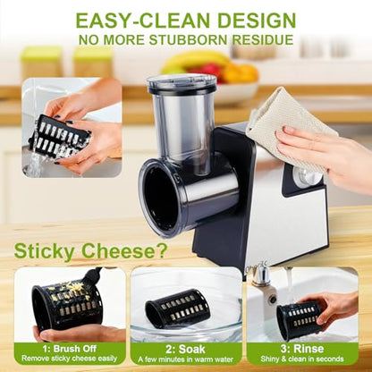 Upgraded 300W Electric Cheese Grater with 7 Stainless Steel Blades, Cheese Shredder Electric for Slicing, Shredding & Grinding Vegetables, Fruits and Nuts,Easy One-Touch Control