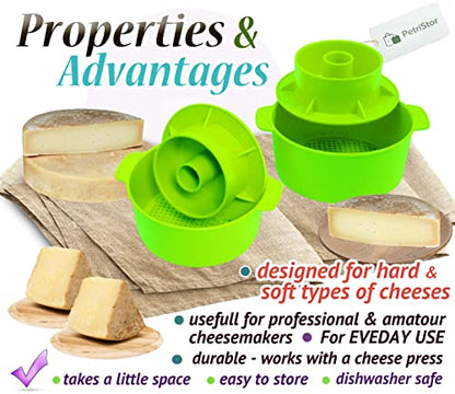 2 Pcs Cheese Mold for Cheese Making Cheese With Follower Piston Color Green - Cheesemaking Supplies - Cheese Form Mold - Cotton Cloth For Straining - Molde Para Queso Casero