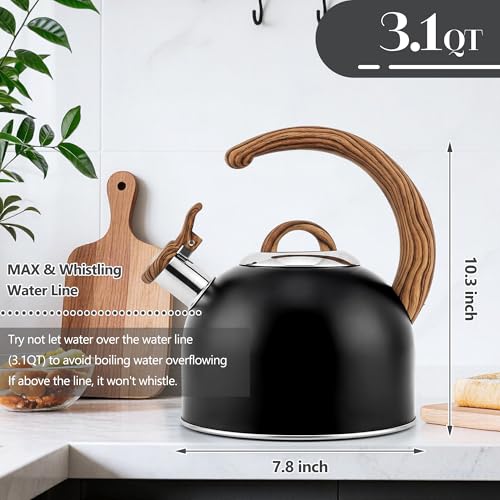 Harriet Tea Kettle Whistling Stovetop Tea Pot, 3.1QT Food Grade Stainless Steel Kettle for Boiling Water Coffee or Milk(Black) - color: Black