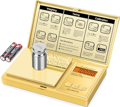 Fuzion Digital Pocket Gram Scale .01 Gram Accuracy, Gold Titanium Plating, 200g Small Digital Scale, Mini Jewelry Scale for Food, Herb, Spice, Coin - Weight Gram and Oz - 100g Calibration Weight - color: Gold, size: 200g with Cal Weight