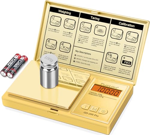 Fuzion Digital Pocket Gram Scale .01 Gram Accuracy, Gold Titanium Plating, 200g Small Digital Scale, Mini Jewelry Scale for Food, Herb, Spice, Coin - Weight Gram and Oz - 100g Calibration Weight - color: Gold, size: 200g with Cal Weight