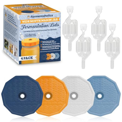 Wide Mouth Mason Jar Fermentation Lids - Turns Your Jar Into A Fermentation Vessel - Lid With Hole & Grommet For Airlock - Fits Wide Mouth Mason Jars (4 Lids & 4 S-Style Airlocks) - style: 4 Lids & 4 S-Style Airlocks