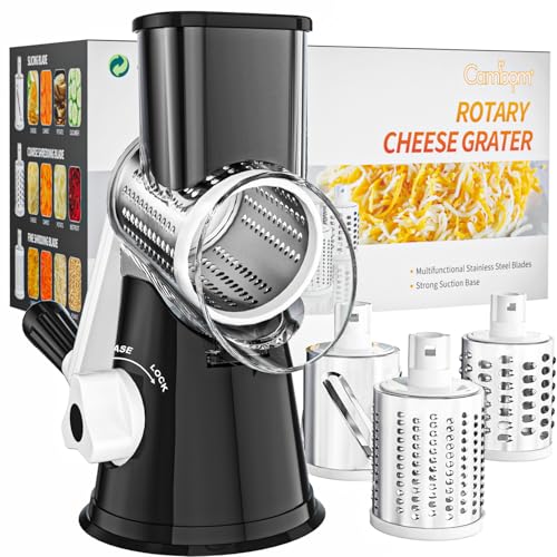 Cambom Rotary Cheese Grater Hand Crank Cheese Shredder for Fresh Cheese, Vegetable, Nuts,Non-slip Suction Base, Three Blades, Black - color: Black, size: 3 BLADES