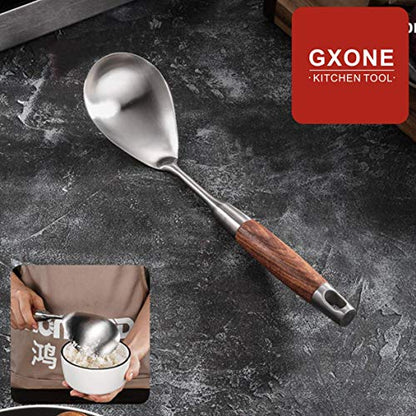 Large Serving Spoons,304 Stainless Steel Cooking Spoon with Heat Resistant Wooden Handle,Silver/12.4Inch - style: Cooking Spoon-wood handle