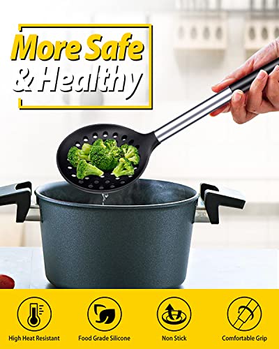 Silicone Kitchen Ladle Strainer, Black-Red, 2 Pack | Slotted Spoon, High Heat Resistant, BPA Free, Non Stick, Ideal for Draining and Frying - color: Black and Red