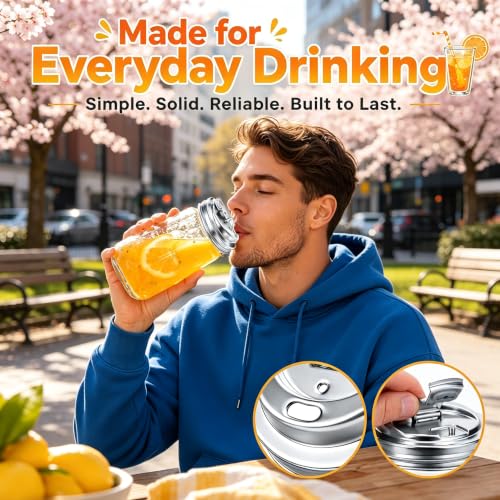Metal Shaker Lids for Mason Jars, Reusable Stainless Steel Sip Lid for Wide Mouth Jars 16/24/32/64oz, Leak Proof Seal Flip Drink Covers for Iced Coffee, Smoothies & Cold Drinks, 2 Packs