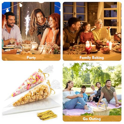 CdbC Cone Shaped Cellophane Treat Bags, 100 Pcs 7x15 inches, Clear, Disposable, Formed/Sealed, Plastic, Twist Tie, Perfect for Party Treats, Candy, Popcorn, Snack Wraps