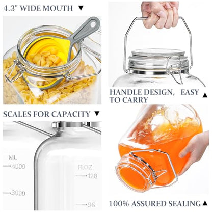 Folinstall 2 Pack 1.5 Gallon Glass Jar with Airtight Lid, 192 oz Square Wide Mouth Mason Jars with Stainless Steel Handle, Large Glass Storage Containers for Canning, Flour, Sugar, Rice, Pickled Eggs